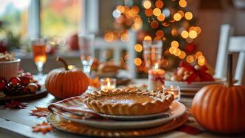 A table set for thanksgiving with pumpkins and pies photo