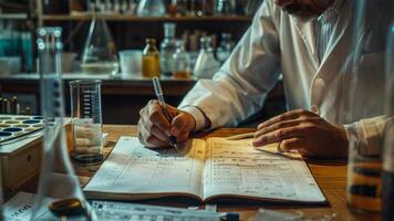 A man in a lab coat is writing on a notebook photo