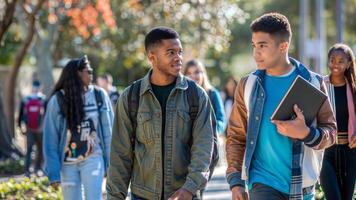 Two young men walking on a sidewalk together photo