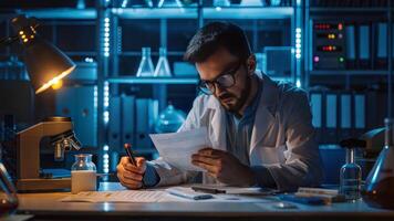 A man in a lab coat is working on a document photo