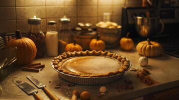 A pie on a counter with a pan of pumpkin pie photo