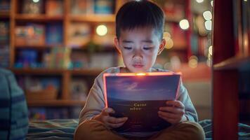 A young boy is reading a book in front of a bookcase photo