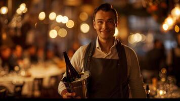 A waiter holding a bottle of wine and a bucket photo