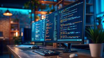 Two computer monitors on a desk in front of a plant photo