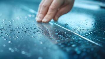 A person is wiping a glass surface with water droplets photo