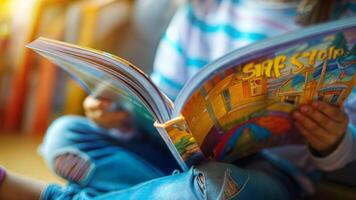 A child is sitting on a couch reading a book photo