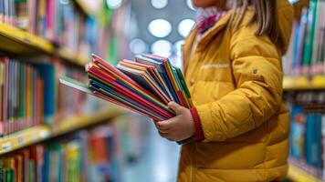 A little girl in yellow jacket holding a book in a library photo