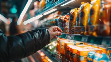 A person is picking something from a shelf in a grocery store photo