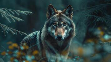 A wolf is standing in the woods photo