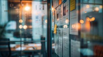 A view of a business meeting room with a lot of papers photo