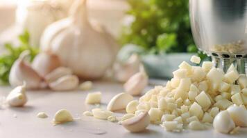 Garlic and garlic cloves are scattered on a counter photo