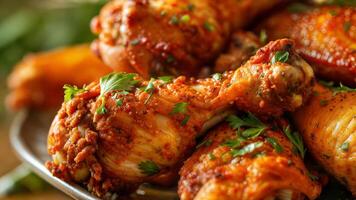A plate of chicken wings with herbs and spices photo