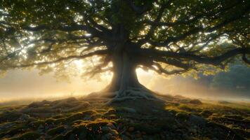 A large tree with roots in the ground photo