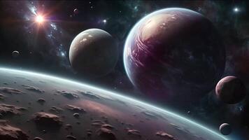 A spacecraft navigates the skies above a desolate desert world, Against a backdrop of a massive planet and a crescent moon video