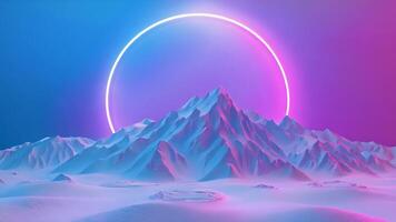 Snowy mountains and retro 80s vibes come together in this sci-fi landscape featuring neon clouds and aura light rings, offering a breathtaking blend of futuristic and nostalgic aesthetics. video