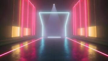 A glowing throne seat in a retro 80s spaceship organization, with neon-lit skies and futuristic mountains, bringing together nostalgic and futuristic design in this captivating sci-fi scene. video