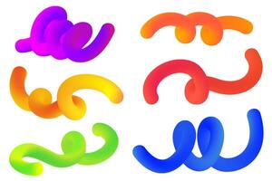 3D gradient shapes. Abstract rainbow colored fluid swirl elements on white background. Wavy blend spiral objects. Dynamic organic neon strokes. Bright gradation stripes vector