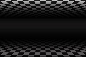 Perspective chess floor. White and black checkered pattern room. 3D tiled floor. Abstract surreal space isometric illustration. Endless tunnel, futuristic monochrome wallpaper vector