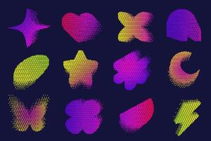 Pixel pattern shapes. Textured heart flower and star with bitmap Y2k dither gradient. Retro butterfly with old computer game graphic effect. Halftone grunge illustration vector
