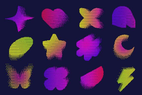 Pixel pattern shapes. Textured heart flower and star with bitmap Y2k dither gradient. Retro butterfly with old computer game graphic effect. Halftone grunge illustration
