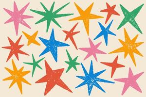 Star shapes set. Abstract random pencil and crayon kids drawing. Spiky geometric elements. Hand drawn rough edge sparkles set on pastel background vector