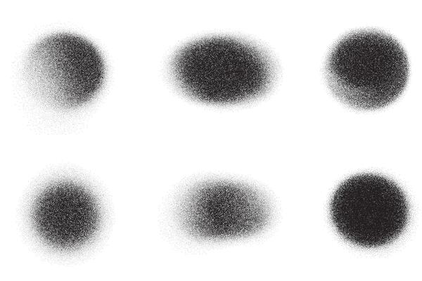 Noisy gradient shapes. Grainy dotted spray paint dust. Stipple abstract circle spots. Liquid black blobs with sand texture. Shadow gritty irregular forms set.