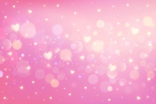 Pink background with bokeh and hearts. Cute pastel gradient girly blurred backdrop for Valentine Day card design. Lovely dreamy wallpaper with soft fairy light. Lilac glittering bg