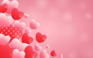 Valentine's Day background design with floating 3d red, pink heart shapes on light pink background vector