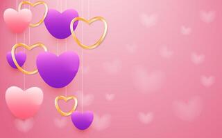 Valentine's Day background design with 3d floating golden, purple and pink heart shapes and valentine elements vector