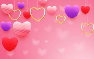 Valentine's Day background design with red, pink and golden 3d floating heart shapes. vector