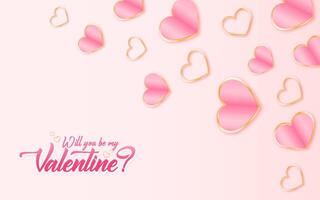 Valentines Day background and banner design with shiny pink and golden hearts on a white background vector
