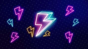Abstract retro style 90's design shapes neon thunder background. Bright glowing neon lights. Party concept. video
