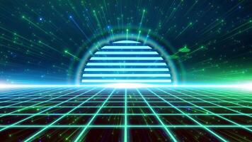 Cyber retro style 80s-90s futuristic grid wireframe backdrop. Digital landscape neon dance style retro party laser pattern background. video