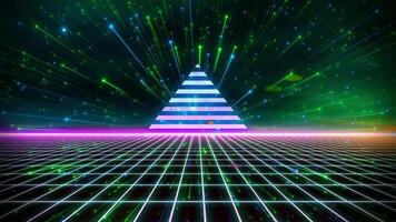 Cyber retro style 80s-90s futuristic grid wireframe backdrop. With Glitch vhs damage effect. Digital landscape neon dance style retro party laser pattern background. video