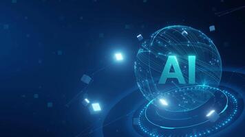 A blue background with a glowing sphere with the letters AI on it video