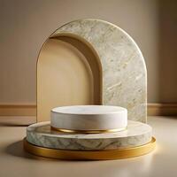 A marble table with a gold base and a circular shape photo
