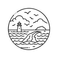 A black and white illustration of a lighthouse and waves vector