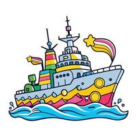 A cartoon ship with colorful sails and flags vector