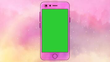 Pink smartphone with green screen for custom display, set against a soft pastel nebula background with subtle stars in a dreamy cosmic sky animation video