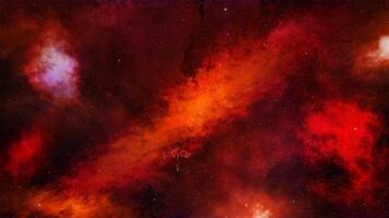 Animated fiery red and orange nebula in outer space with dense star clusters, interstellar gas clouds, and cosmic dust illuminating the galactic background video