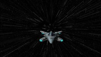 Futuristic spaceship traveling through deep space with motion speed lines, Sci-Fi starship in high velocity warp drive, outer space travel animation video