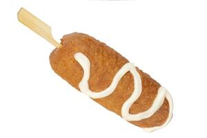 Corn dogs with different fillings and different sauces. isolated on background. photo