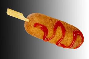 Corn dogs with different fillings and different sauces. isolated on background. photo
