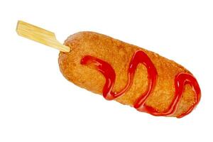 Corn dogs with different fillings and different sauces. isolated on background. photo