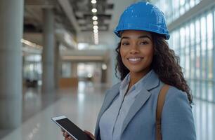 Construction professional smiling indoors with safety helmet amid greenery in bright setting photo