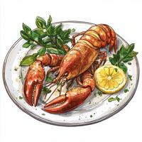 Freshly prepared lobster served with lemon slices and garnished with parsley for a delicious meal photo
