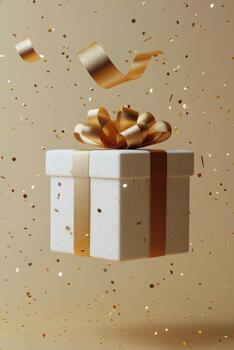 Festive gift box floating with golden ribbon and shiny confetti in a warm atmosphere photo