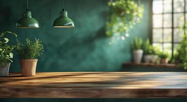 A bright and inviting kitchen with green walls and indoor plants during the afternoon light photo