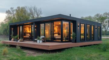 Modern black cabin on stilts surrounded by lush greenery at sunset near a peaceful water body photo