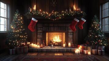 Cozy Christmas fireplace adorned with stockings, decorations, and glowing candles in a cabin setting photo